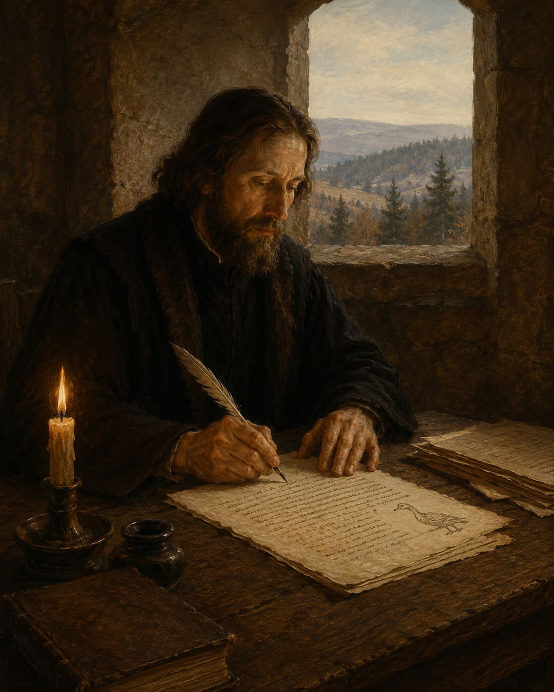 Illustration of Jan Hus seated at a small candle-lit table in a castle room, writing a letter with a quill, a small sketch of a goose in the margin of the parchment.