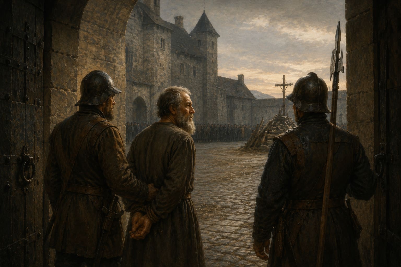 A gaunt bearded man in a plain robe, hands bound, is led by two guards across a stone castle courtyard at dawn; a distant wooden pyre stands ready but is not the focus of the image.